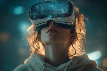 Poster - Individual exploring virtual reality in a futuristic environment with immersive technology at night