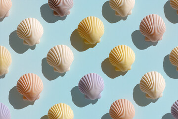 Wall Mural - Colorful decorative shells arranged neatly on a light blue background in a creative display for art or design purposes