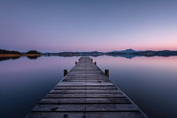 Poster - Wooden Pier Stretching Over Still Lake at Dusk, Evoking Serenity and Peaceful Escape for Travel and Wellness Concepts : Generative AI