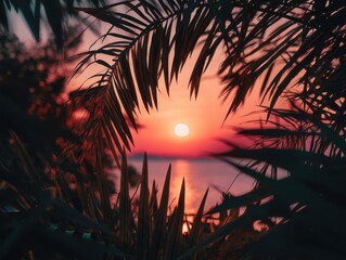 Poster - Tropical Sunset Through Palm Fronds Over Ocean, Evoking Relaxation and Summer Vacation Travel : Generative AI