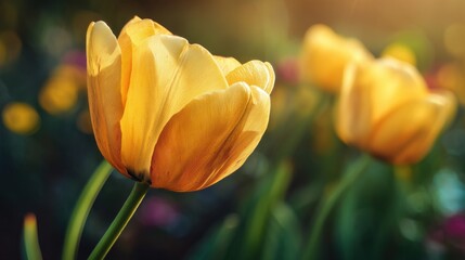 Aufkleber - Close-Up of a Yellow Tulip in Sunlight, Symbolizing Spring Renewal and Floral Beauty for Seasonal Promotions : Generative AI