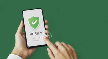 A hand holding a smartphone displaying a verification screen with a shield icon.