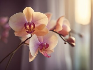 Aufkleber - Peach Orchid Blossoms in Soft Light, Symbolizing Beauty and Natural Healing for Wellness Campaigns : Generative AI