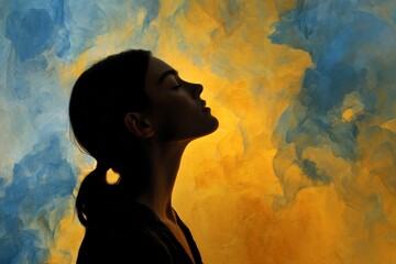 Poster - Woman in silhouette against a colorful abstract background showcasing twilight hues