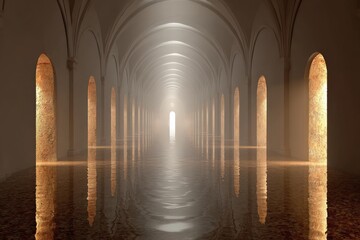 Aufkleber - Mysterious reflections in an ancient corridor illuminated by soft light