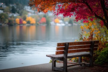 Poster - Empty Wooden Bench Overlooking Lake in Autumn, Representing Serenity and Peaceful Retirement Planning, Perfect for Travel and Tourism Marketing : Generative AI