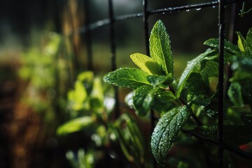 Aufkleber - Fresh Green Leaves Covered in Dew Drops, Symbolizing Growth and Environmental Awareness for Sustainable Living and Organic Gardening : Generative AI