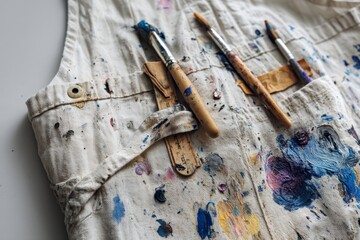 Poster - Creative process captured in an artist's paint-splattered overalls with brushes ready for use
