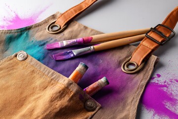 Poster - Creative tools displayed on a canvas apron covered in vibrant paint splashes during an art session in a studio