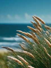 Aufkleber - Beach Grass Blowing in the Wind Against the Ocean, Evoking Summer Relaxation and Coastal Tourism, Perfect for Travel and Nature Photography : Generative AI