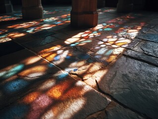 Aufkleber - Stained Glass Light Reflections on Stone Floor, Symbolizing Heritage and Architectural Preservation, Ideal for Historical Tourism and Cultural Enrichment : Generative AI