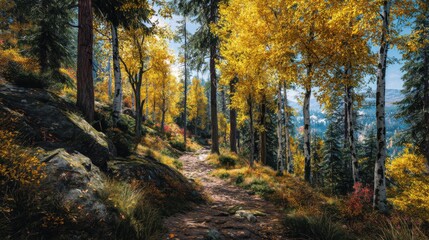 Poster - Hiking Trail Through Golden Autumn Forest With Sunlight, Representing Outdoor Adventure and Scenic Destination : Generative AI