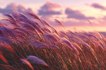 Aufkleber - Waves of pink grass swaying gently against a colorful sunset sky at dusk