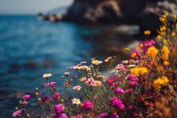 Wall Mural - Vibrant Wildflowers Blooming Near the Coastline, Symbolizing Natural Beauty and Summer Vacation Getaways : Generative AI