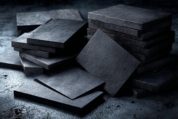 Aufkleber - Stacked dark stone slabs arranged in a dimly lit industrial setting showcasing texture and depth