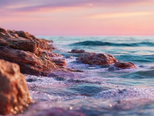 Wall Mural - Rocky Shoreline at Sunset With Gentle Waves, Evoking Coastal Serenity and Peaceful Retreats for Travel and Tourism Marketing : Generative AI