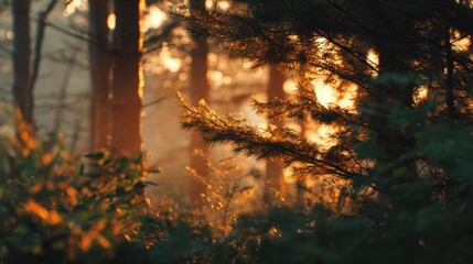 Aufkleber - Sunlight Streaming Through Forest Trees at Sunset, Representing Natural Beauty and Environmental Awareness for Conservation Efforts and Outdoor Recreation : Generative AI