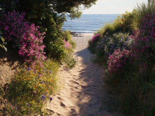 Aufkleber - Sandy Path Leading to a Calm Beach Framed by Wildflowers, Evoking Summer Serenity and Representing a Peaceful Vacation Destination : Generative AI