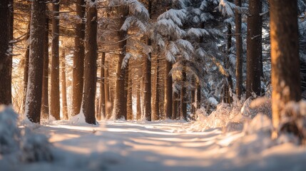 Aufkleber - Sunlit Snow-Covered Forest Path in Winter, Evoking Serenity and Peaceful Escape for Seasonal Travel and Holiday Marketing : Generative AI