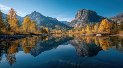 Poster - Scenic Mountain Lake Reflection in Autumn, Showcasing Environmental Conservation and Outdoor Adventure Tourism With Golden Trees and Clear Blue Sky : Generative AI