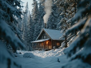 Fototapete - Cozy Log Cabin in Snowy Winter Forest With Smoke From Chimney, Representing Holiday Getaway and Seasonal Relaxation : Generative AI