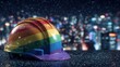 © neiros - In the foreground, a rainbow-hued safety helmet is set against a blurred city background at night