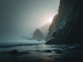 Poster - Dramatic Cliffs and Misty Ocean at Dusk, Evoking Mystery and Solitude for Travel and Escape Concepts : Generative AI