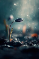 Poster - Single Flower Bud Emerging From Soil in Soft Rain, Symbolizing Hope and New Beginnings in Agriculture and Environmental Awareness Campaigns : Generative AI