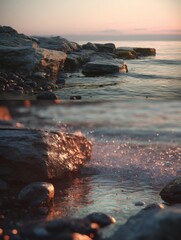 Poster - Rocky Shoreline at Sunset With Gentle Waves, Evoking Serenity and Coastal Getaways for Travel and Tourism Campaigns : Generative AI