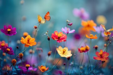 Aufkleber - Vibrant Cosmos Flowers and Butterflies in a Dreamy Field, Symbolizing Beauty and Springtime Renewal for Nature-Themed Projects : Generative AI