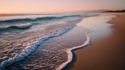 Poster - Gentle Waves Washing Ashore at Sunrise, Representing Tranquility and Coastal Getaways for Travel and Tourism : Generative AI