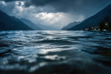 Poster - Moody Lake Water Surface With Distant Mountains, Evoking Tranquility and Representing Environmental Conservation and Serene Travel Destinations : Generative AI
