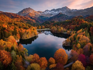 Poster - Aerial View of Autumn Forest and Lake Reflecting Mountains, Showcasing Environmental Awareness and Ecotourism Destination : Generative AI