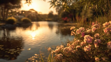 Poster - Scenic Lake at Sunset with Pink Flowers, Representing Tranquility and Environmental Conservation, Perfect for Travel and Nature Photography : Generative AI