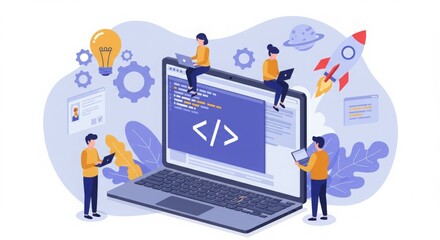 Illustration of coding and technology with people interacting with a laptop and digital elements.