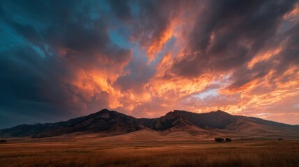 Aufkleber - Dramatic Sunset Over Mountain Range With Golden Field, Evoking Serenity and Natural Beauty for Travel and Adventure Content : Generative AI