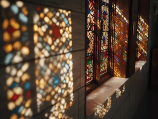 Poster - Stained Glass Window Casting Colorful Light Patterns, Evoking Faith and Architectural Heritage For Use in Religious or Cultural Preservation Projects : Generative AI