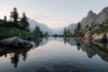 Poster - Alpine Lake Reflecting Mountains at Dawn, Showcasing Serenity and Environmental Awareness for Travel and Tourism : Generative AI