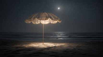 Poster - Illuminated Beach Umbrella Under Starry Night Sky, Symbolizing Escape and Tranquil Getaways for Travel and Tourism Marketing : Generative AI