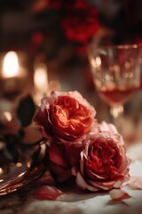 Aufkleber - Close-Up of Romantic Pink Roses With Candlelight, Representing Love and Anniversary Celebrations, Perfect for Valentine's Day Marketing : Generative AI