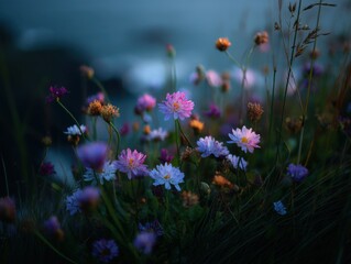 Aufkleber - Wildflowers in a Field at Dusk, Evoking Serenity and Natural Beauty, Ideal for Wellness Retreats and Seasonal Promotions : Generative AI