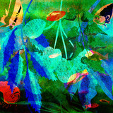 Ilustracja motyw kwiatowy podwodny abstrakcja akwarium ryby liście różne gatunki odcienie zieleni tekstura.