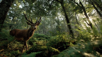 Poster - Majestic Stag Standing in a Lush Green Forest, Representing Wildlife Conservation and Outdoor Adventure for Ecotourism Marketing Campaigns : Generative AI