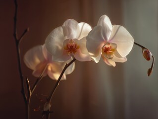 Aufkleber - Elegant White Orchid Blossoms in Soft Light, Symbolizing Natural Beauty and Serenity for Wellness Campaigns or Springtime Greetings : Generative AI