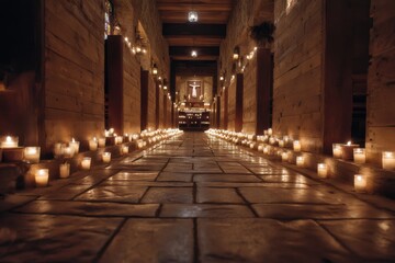 Aufkleber - Candlelit Stone Hallway Leading to Altar, Representing Faith and Spiritual Journey for Religious Observance and Memorial Services, With Warm, Serene Atmosphere : Generative AI