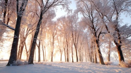Poster - Snowy Forest at Sunrise With Light Shining Through Trees, Representing Winter Beauty and Holiday Season : Generative AI