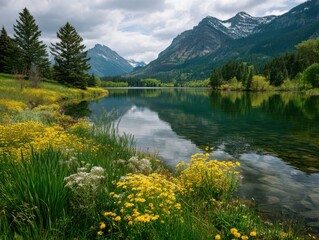 Poster - Scenic Mountain Lake Reflecting Clouds and Sky, Representing Tranquility and Environmental Awareness for Tourism and Outdoor Recreation : Generative AI