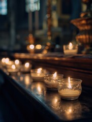 Aufkleber - Candles Lit in Glass Holders on Wooden Surface, Evoking Serenity and Remembrance for Memorials and Spiritual Reflection : Generative AI
