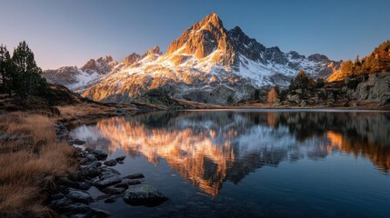 Poster - Snow Capped Mountain Peak Reflected in Lake at Sunset, Showcasing Natural Beauty and Environmental Conservation Efforts : Generative AI