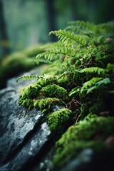 Aufkleber - Close-Up of Moss and Ferns Growing on a Rock, Illustrating Natural Beauty and Environmental Awareness for Conservation Projects and Green Initiatives : Generative AI
